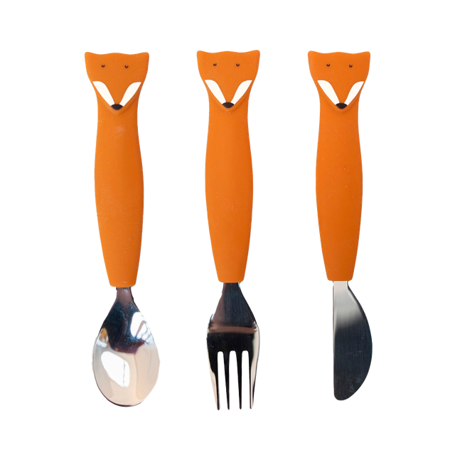 Kids' silicone and stainless steel cutlery set