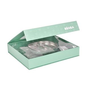 First meal set: stainless steel plate, pre-cutlery and sleeved bib