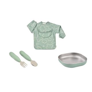 First meal set: stainless steel plate, pre-cutlery and sleeved bib