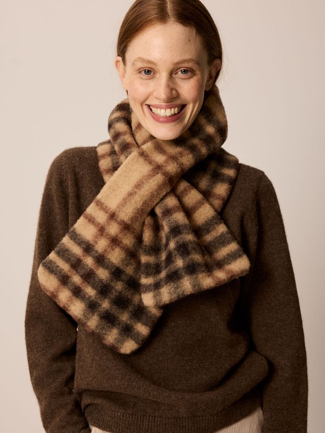 Plush wool and cotton checked loop scarf