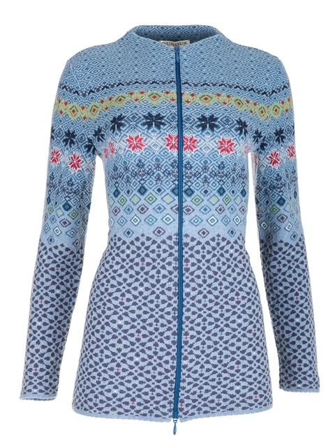 Women's long wool and cotton jacquard zip cardigan