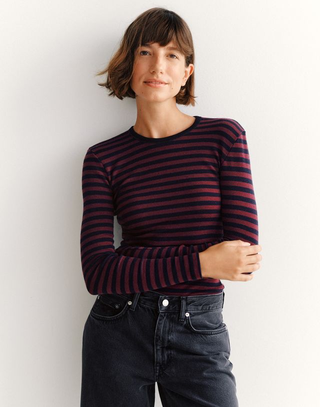 Women's merino wool long-sleeve top with high crew neck