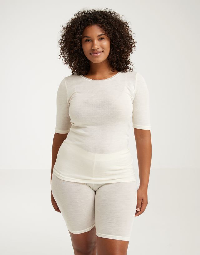 Women's merino wool and silk T-shirt with lace neckline