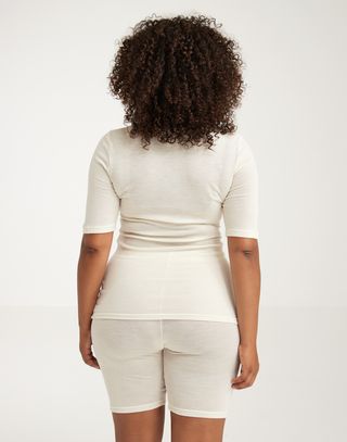 Women's merino wool and silk T-shirt with lace neckline
