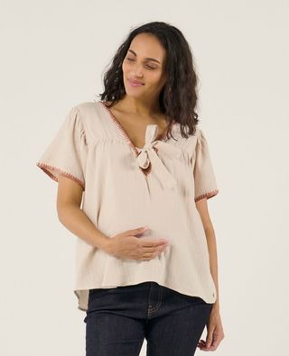 Embroidered cotton gauze maternity and nursing blouse
