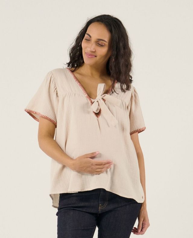 Embroidered cotton gauze maternity and nursing blouse