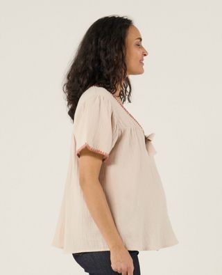 Embroidered cotton gauze maternity and nursing blouse