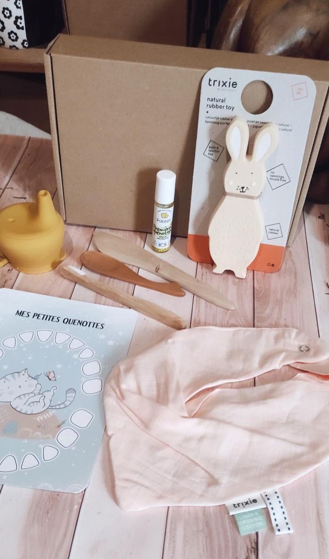 Baby first-foods gift set: bib, spoon, knife, toothbrush, teether and gum oil