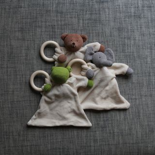 Frog comforter with wooden teething ring