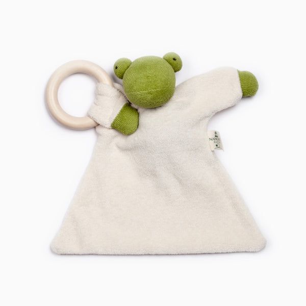 Frog comforter with wooden teething ring