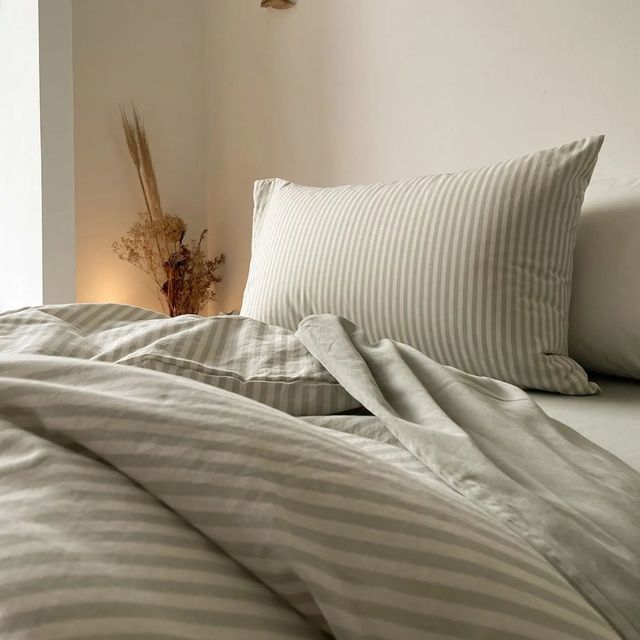 Cotton percale duvet cover, lime stripe